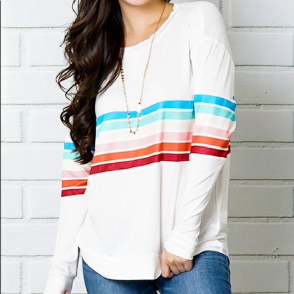 Tops - 1 LEFT - Long Sleeve Rainbow Striped Tee